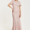 Women’s Maxi Dress in Light Pink with Lace, Short Sleeves, Open Back Detail - Liquorish