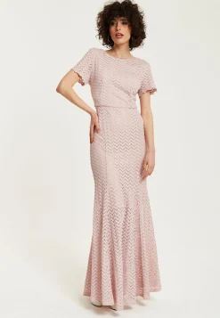 Women’s Maxi Dress in Light Pink with Lace, Short Sleeves, Open Back Detail - Liquorish