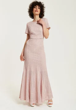 Women’s Maxi Dress in Light Pink with Lace, Short Sleeves, Open Back Detail - Liquorish