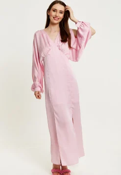 Women's Maxi Dress in Light Pink with Long Sleeve Slits - Elegant Design by Liquorish