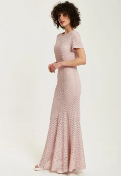 Women’s Maxi Dress in Light Pink with Lace, Short Sleeves, Open Back Detail - Liquorish