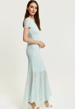 Women’s Maxi Dress in Light Blue with Short Sleeves and Open Back Detail by Liquorish