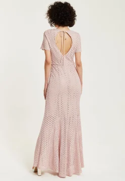 Women’s Maxi Dress in Light Pink with Lace, Short Sleeves, Open Back Detail - Liquorish