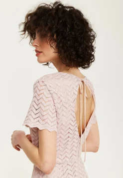 Women’s Maxi Dress in Light Pink with Lace, Short Sleeves, Open Back Detail - Liquorish