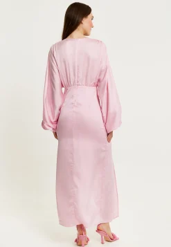 Women's Maxi Dress in Light Pink with Long Sleeve Slits - Elegant Design by Liquorish