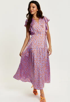 Women's Maxi Dress in Lilac and Orange with Flouncy Sleeves, Cheetah Print Wrap Style by Liquorish