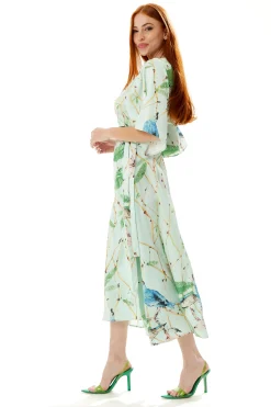 Women's Maxi Dress in Mint Green with V-Neck, Tie Waist, Kimono Sleeves and Green Lace Details - Liquorish