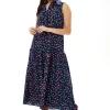 Women's Maxi Dress in Navy with Sleeveless Oversized Fit and Cherry Print - Liquorish