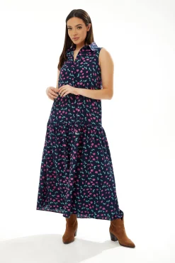 Women's Maxi Dress in Navy with Sleeveless Oversized Fit and Cherry Print - Liquorish
