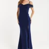 Women's Maxi Dress in Navy with Off-Shoulder Design, Thigh-High Slit & Sequin Detail by Liquorish