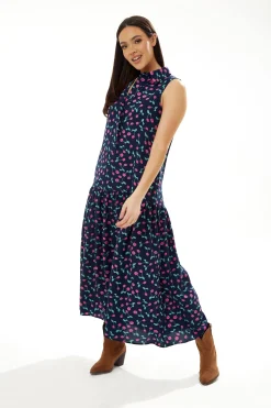 Women's Maxi Dress in Navy with Sleeveless Oversized Fit and Cherry Print - Liquorish