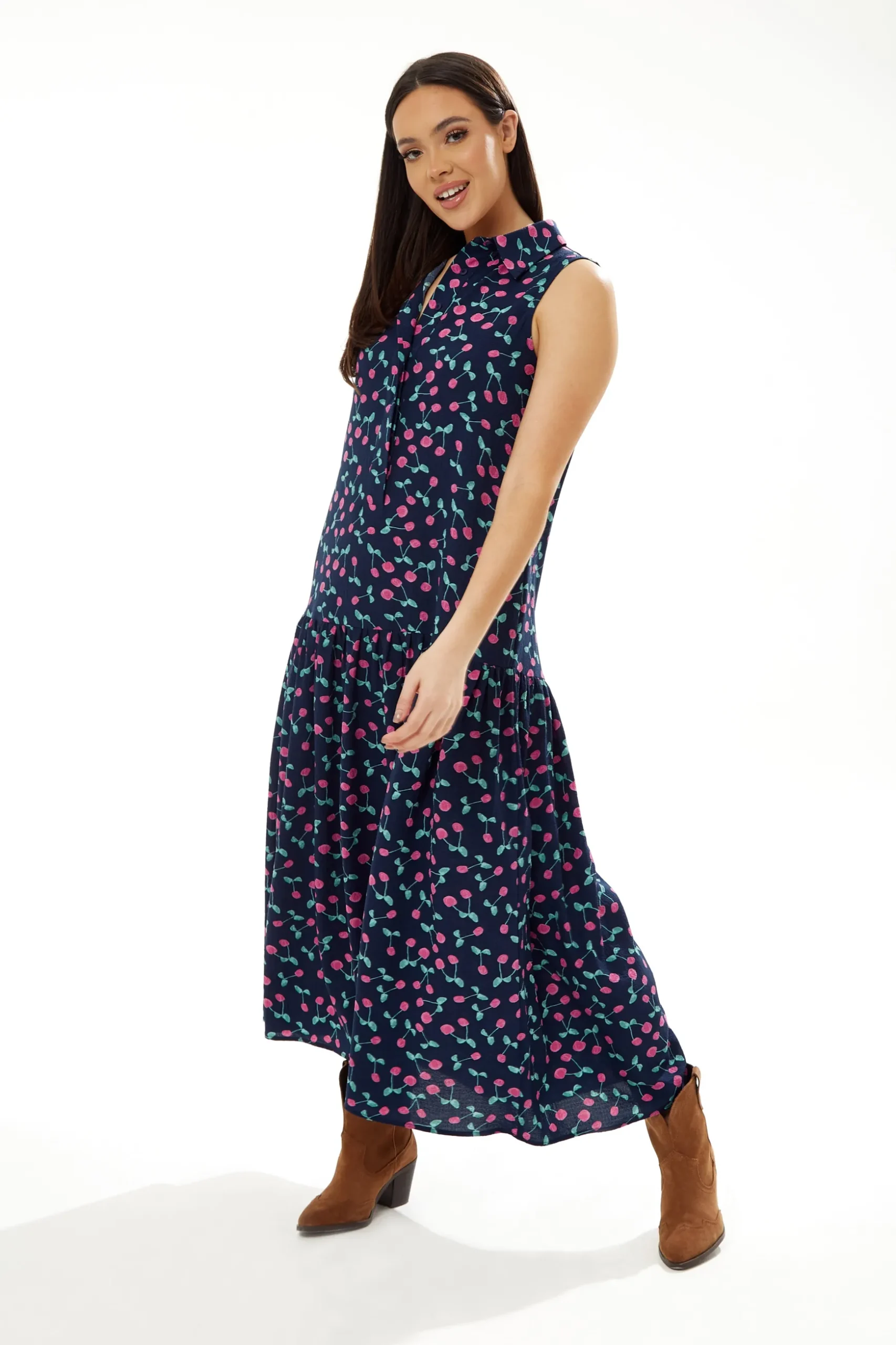 Women's Maxi Dress in Navy with Sleeveless Oversized Fit and Cherry Print - Liquorish