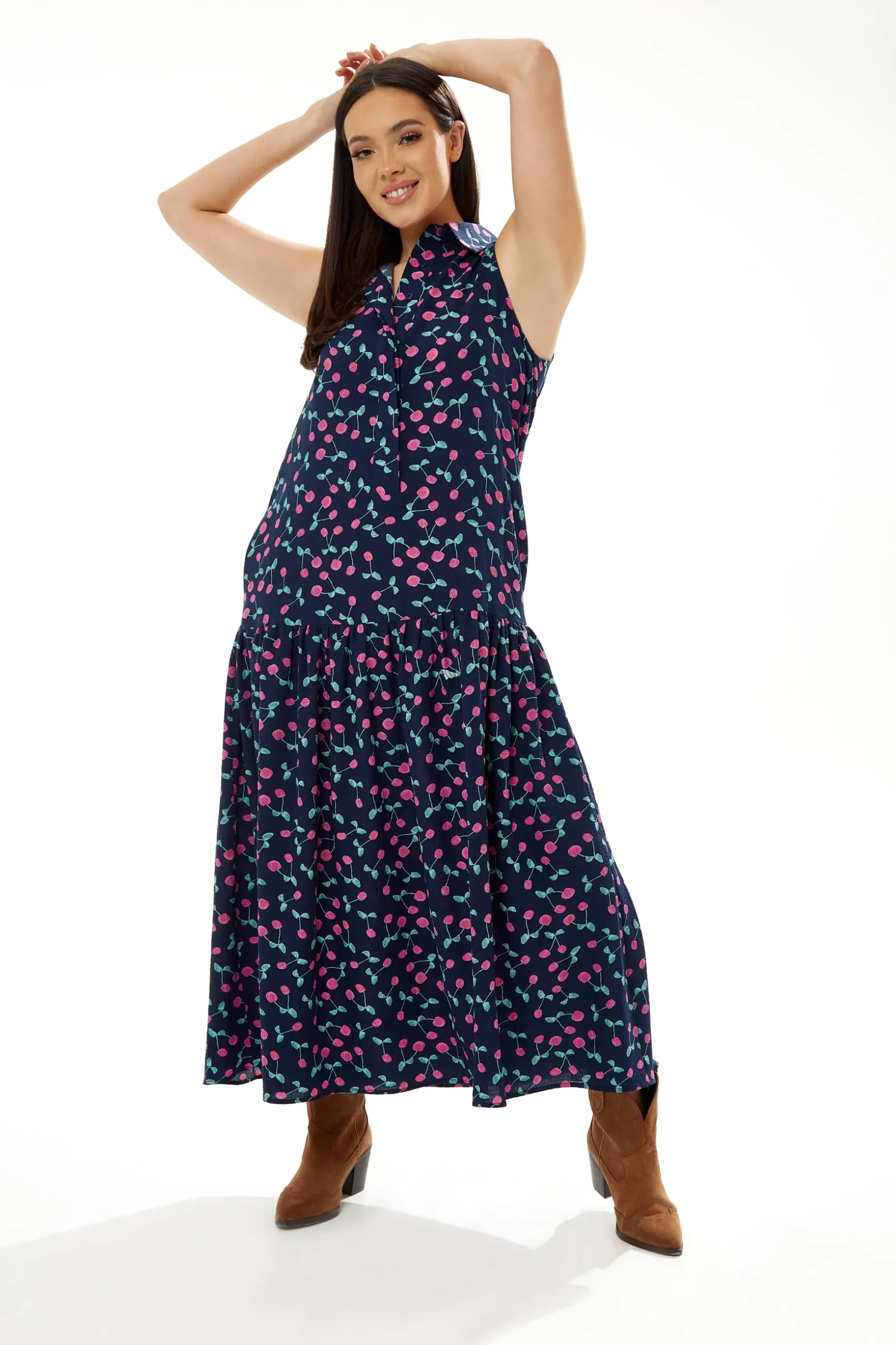 Women's Maxi Dress in Navy with Sleeveless Oversized Fit and Cherry Print - Liquorish