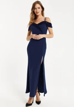 Women's Maxi Dress in Navy with Off-Shoulder Design, Thigh-High Slit & Sequin Detail by Liquorish
