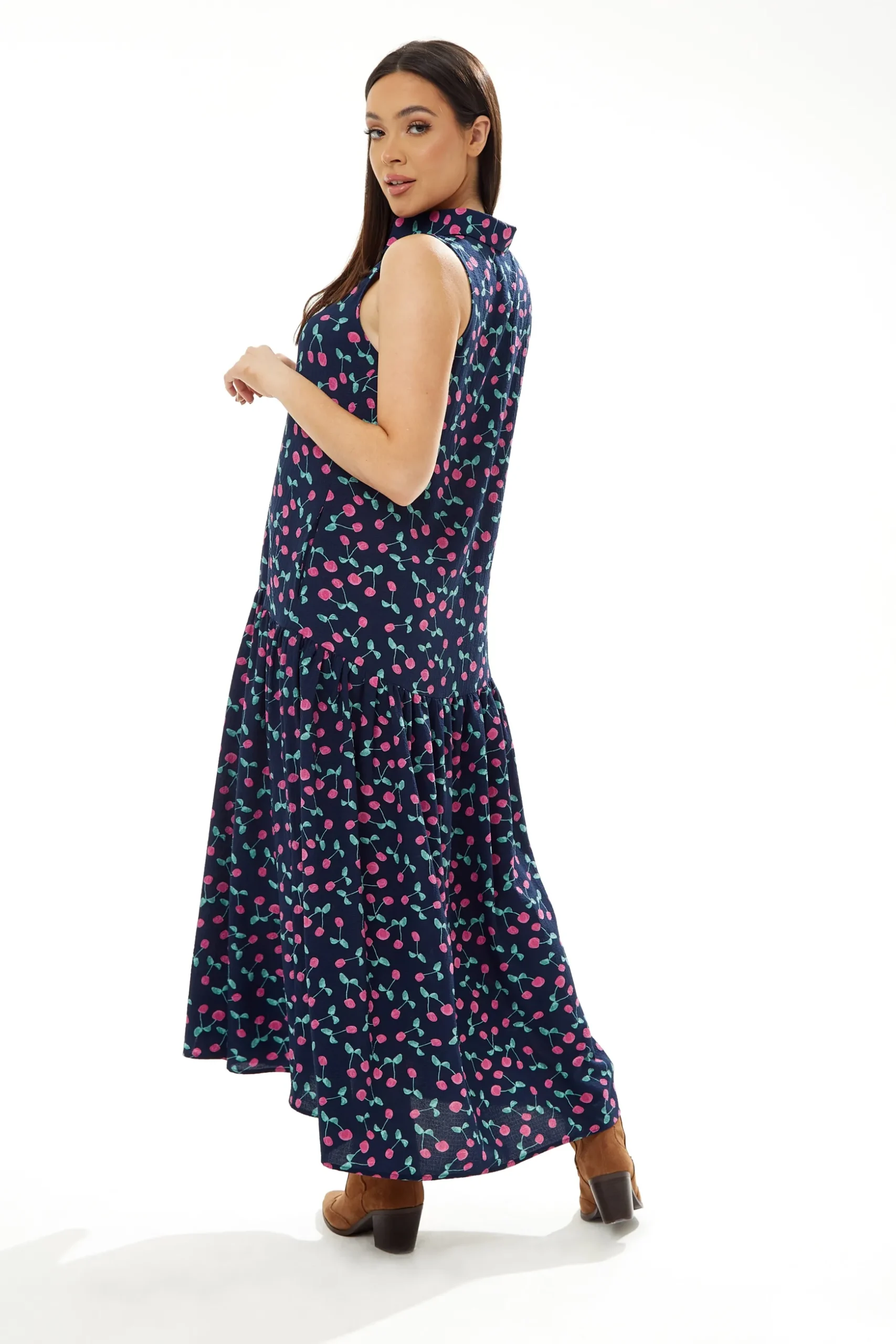 Women's Maxi Dress in Navy with Sleeveless Oversized Fit and Cherry Print - Liquorish