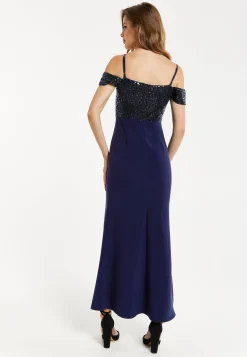 Women's Maxi Dress in Navy with Off-Shoulder Design, Thigh-High Slit & Sequin Detail by Liquorish