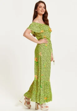 Women's Maxi Dress in Neon Green with Off Shoulder Sleeves and Tie Waist Detail - Liquorish