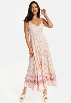 Women's Maxi Dress in Nude Floral Print with Sleeveless Design and Tie Back Detail - Liquorish