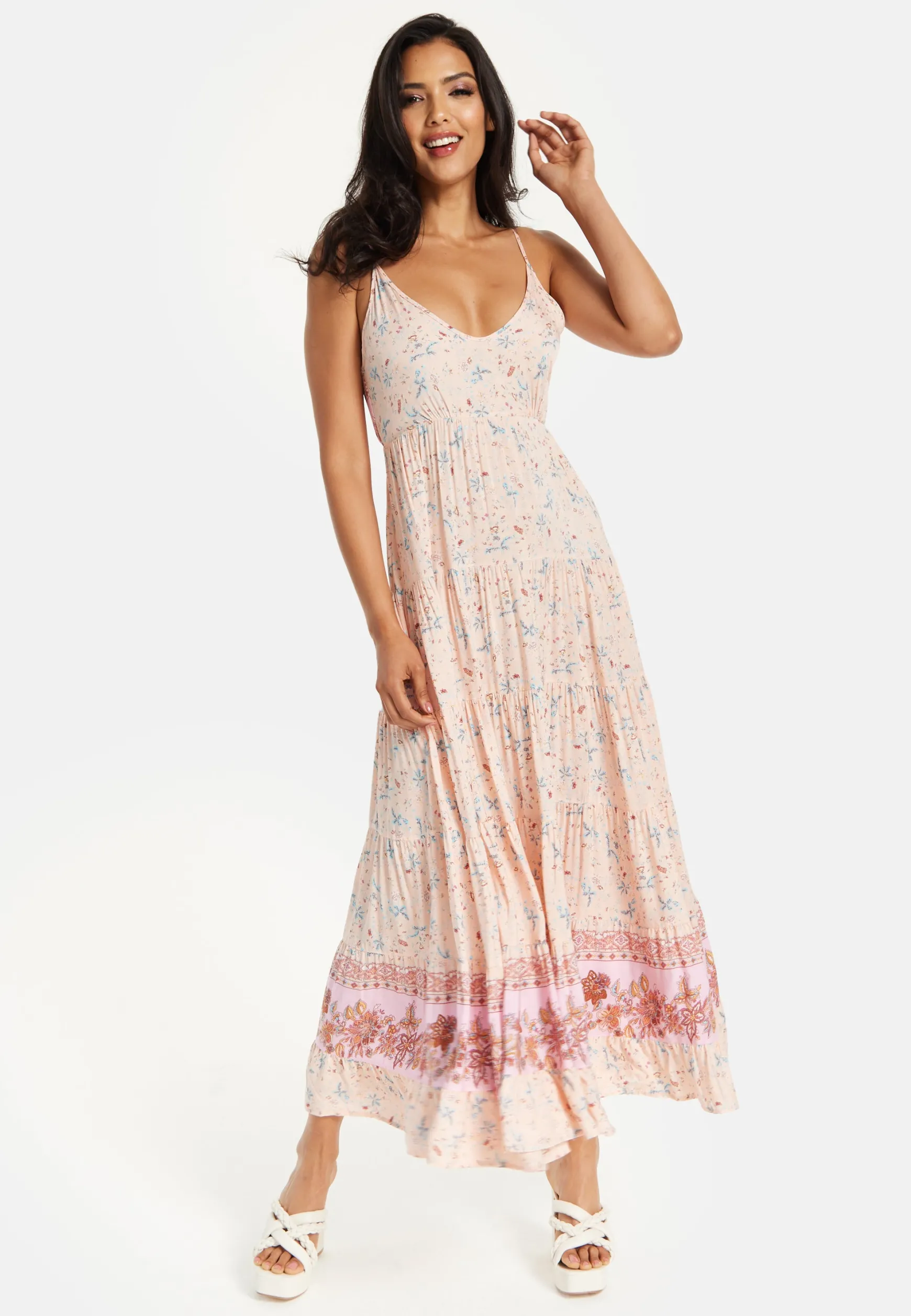 Women's Maxi Dress in Nude Floral Print with Sleeveless Design and Tie Back Detail - Liquorish