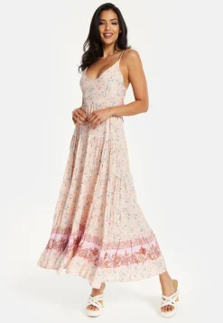 Women's Maxi Dress in Nude Floral Print with Sleeveless Design and Tie Back Detail - Liquorish