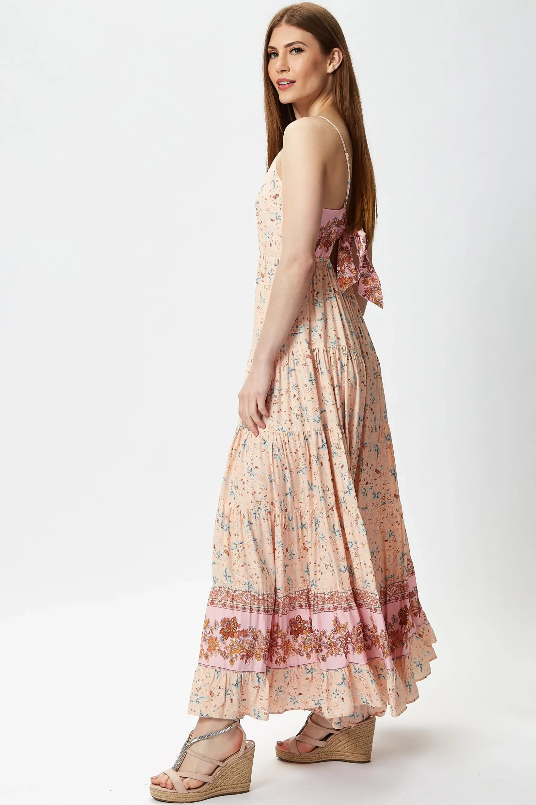 Women's Maxi Dress in Nude Floral Print with Sleeveless Design and Tie Back Detail - Liquorish