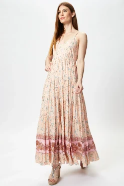 Women's Maxi Dress in Nude Floral Print with Sleeveless Design and Tie Back Detail - Liquorish