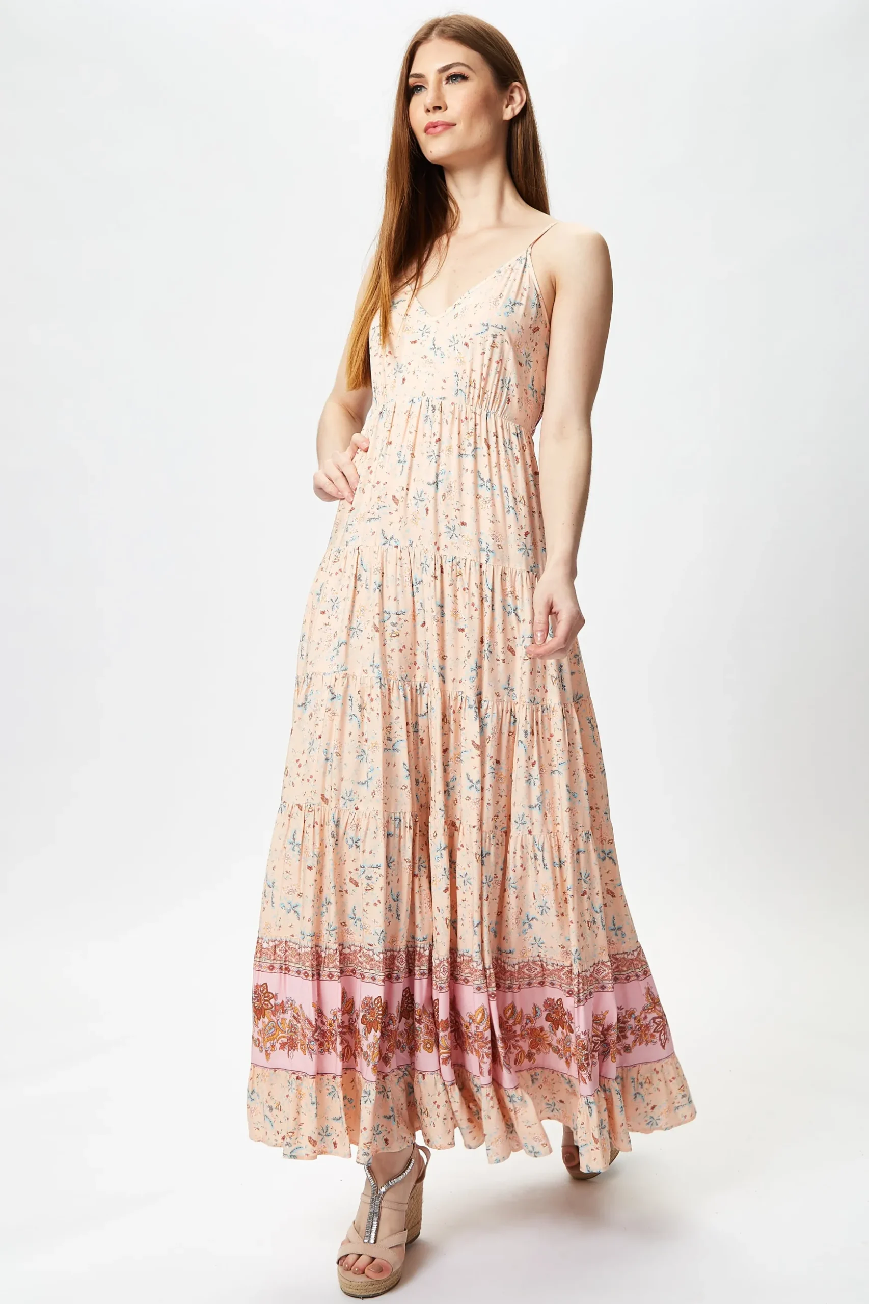 Women's Maxi Dress in Nude Floral Print with Sleeveless Design and Tie Back Detail - Liquorish