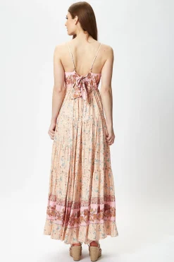 Women's Maxi Dress in Nude Floral Print with Sleeveless Design and Tie Back Detail - Liquorish