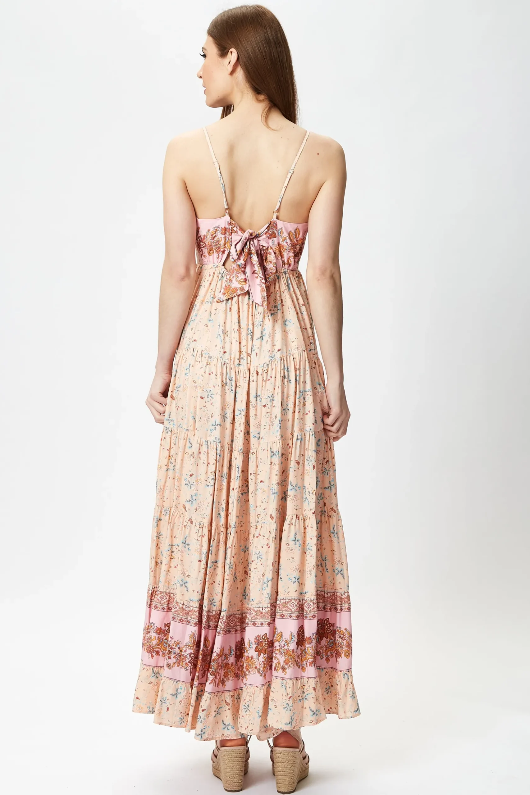 Women's Maxi Dress in Nude Floral Print with Sleeveless Design and Tie Back Detail - Liquorish