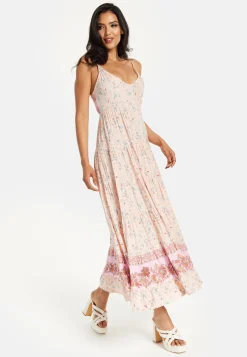 Women's Maxi Dress in Nude Floral Print with Sleeveless Design and Tie Back Detail - Liquorish