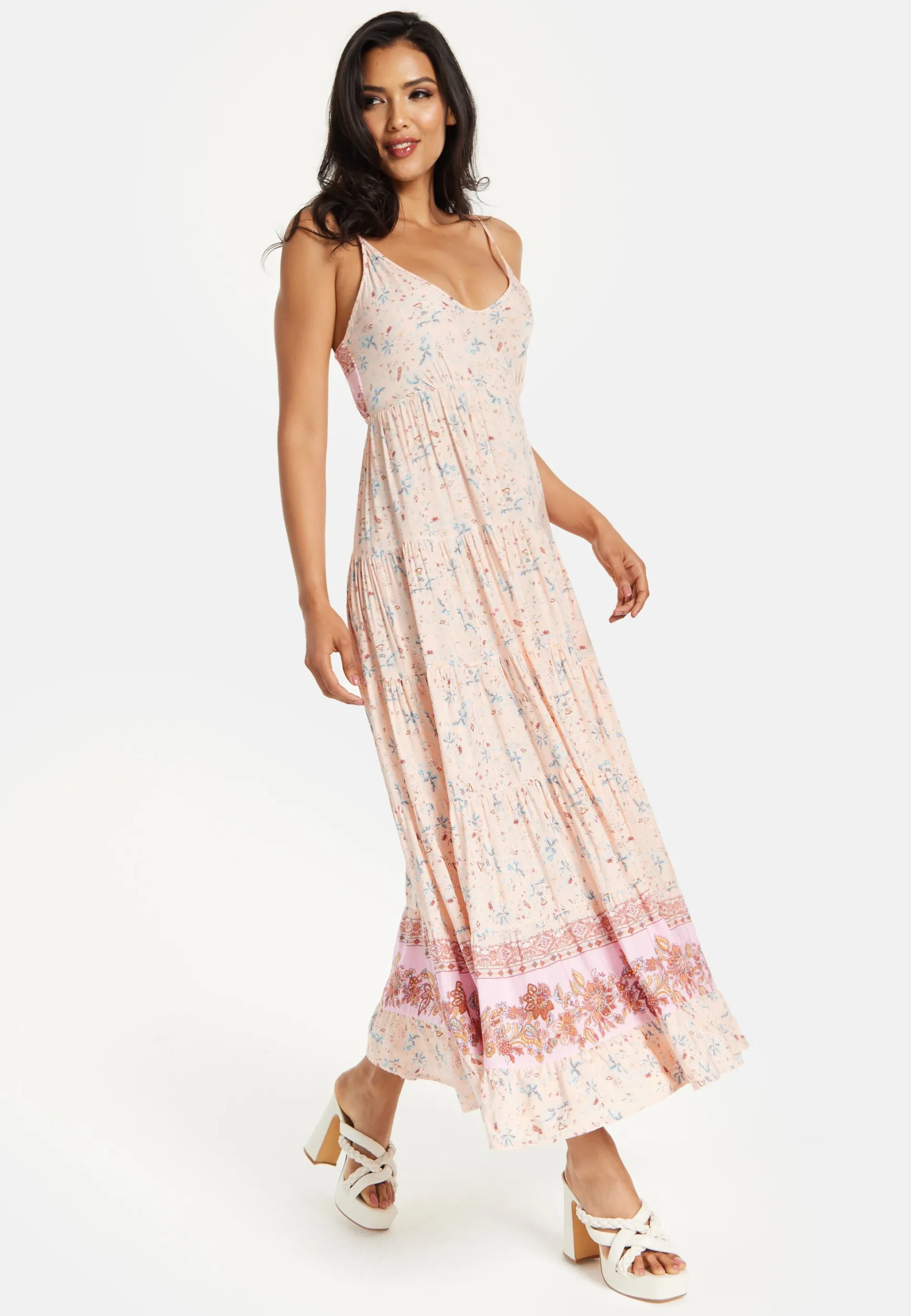 Women's Maxi Dress in Nude Floral Print with Sleeveless Design and Tie Back Detail - Liquorish