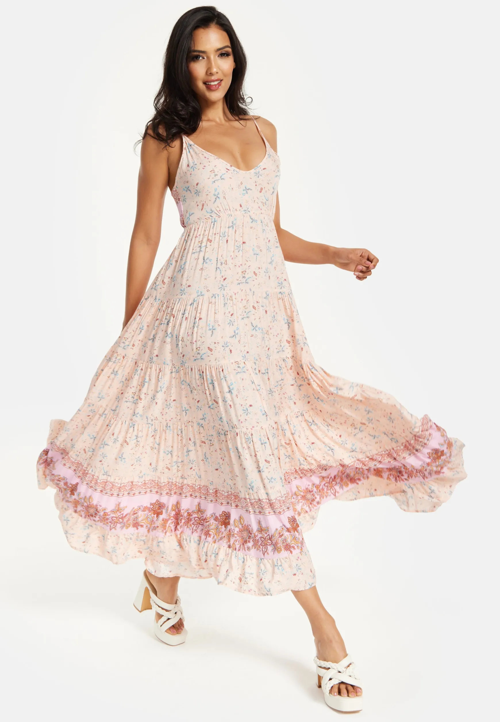 Women's Maxi Dress in Nude Floral Print with Sleeveless Design and Tie Back Detail - Liquorish