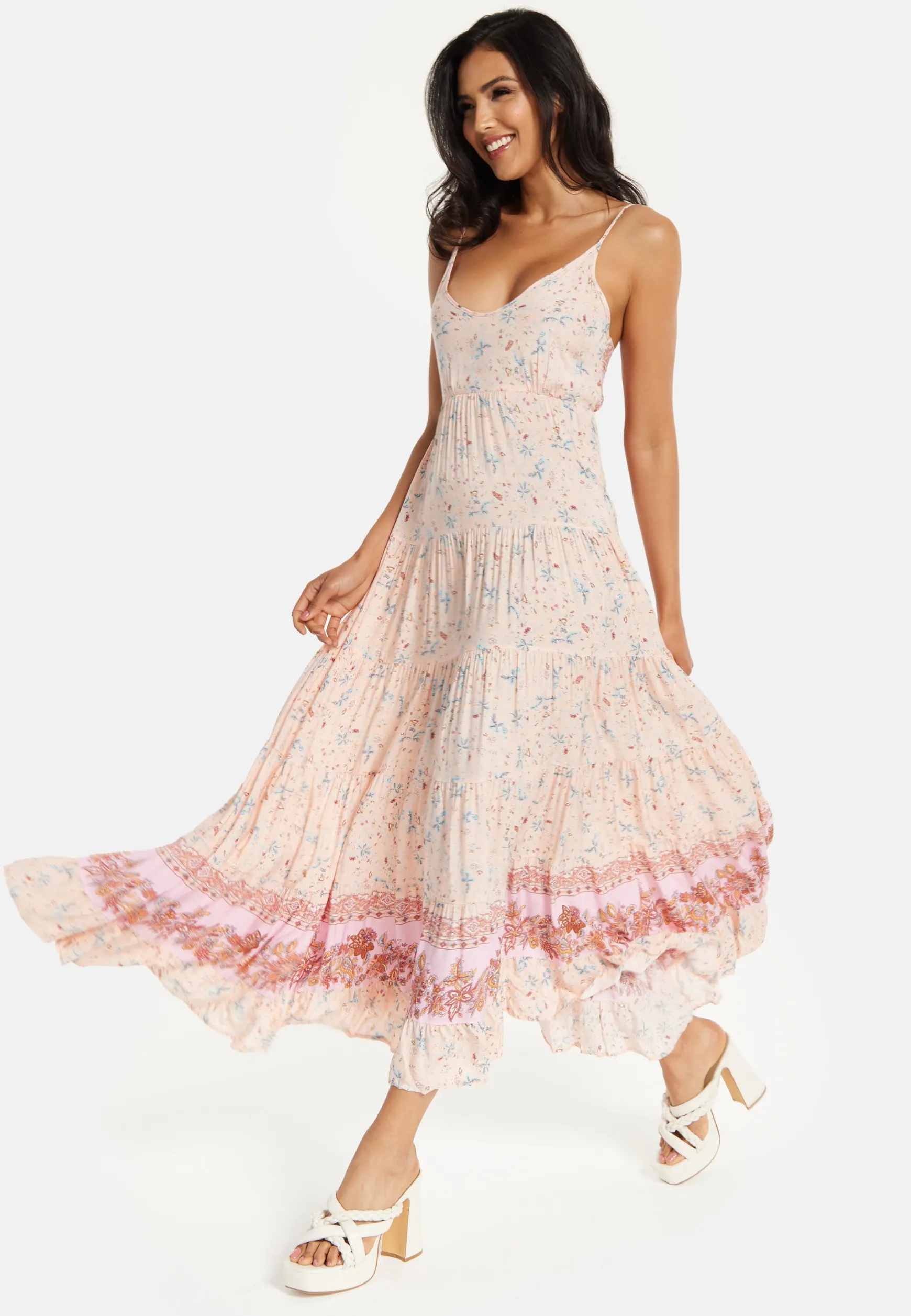 Women's Maxi Dress in Nude Floral Print with Sleeveless Design and Tie Back Detail - Liquorish