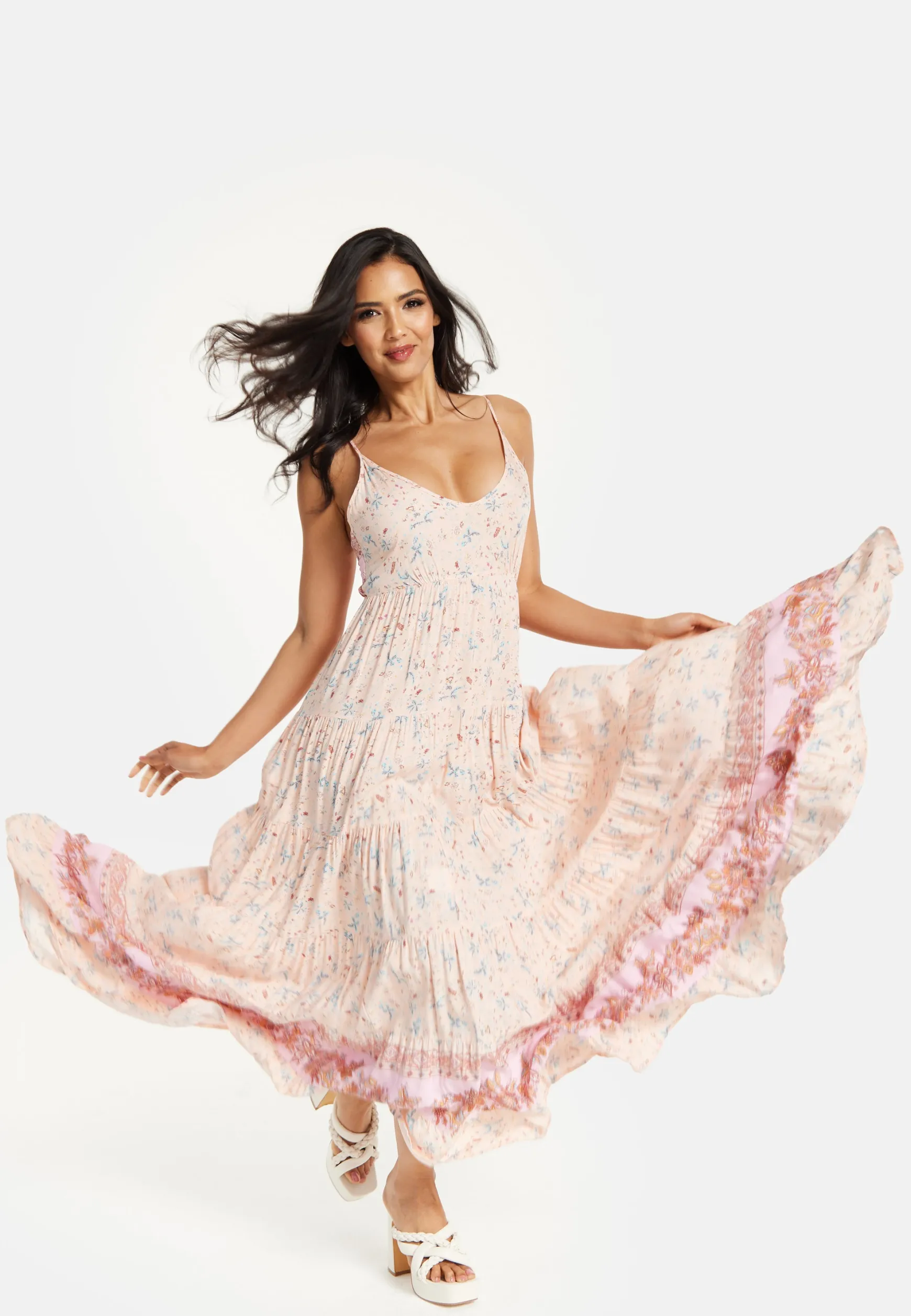 Women's Maxi Dress in Nude Floral Print with Sleeveless Design and Tie Back Detail - Liquorish