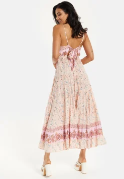 Women's Maxi Dress in Nude Floral Print with Sleeveless Design and Tie Back Detail - Liquorish