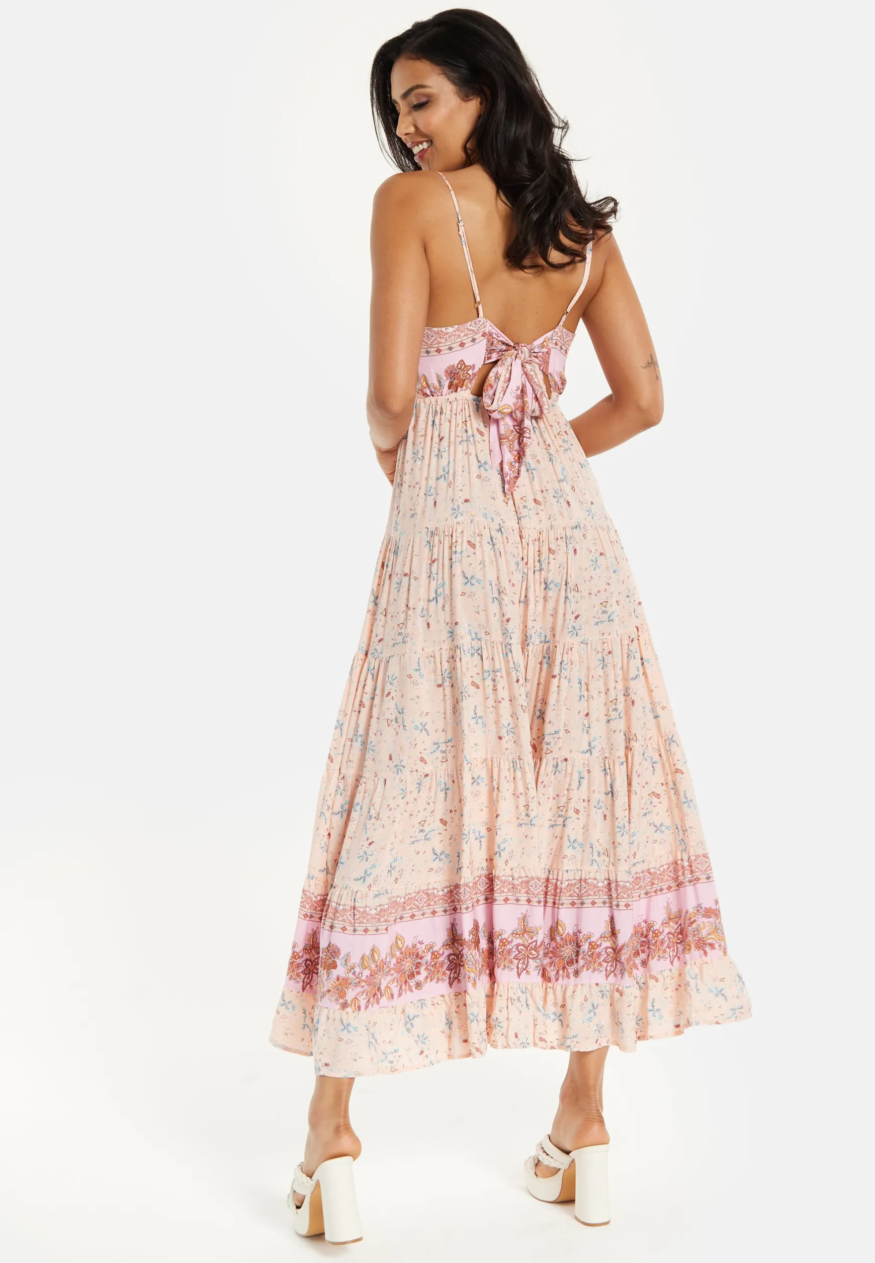 Women's Maxi Dress in Nude Floral Print with Sleeveless Design and Tie Back Detail - Liquorish