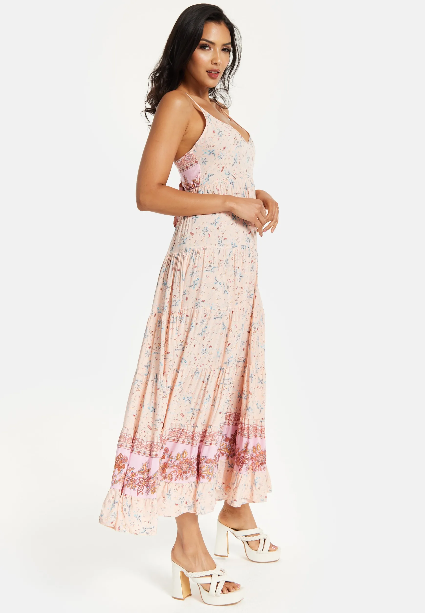 Women's Maxi Dress in Nude Floral Print with Sleeveless Design and Tie Back Detail - Liquorish