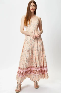 Women's Maxi Dress in Nude Floral Print with Sleeveless Design and Tie Back Detail - Liquorish