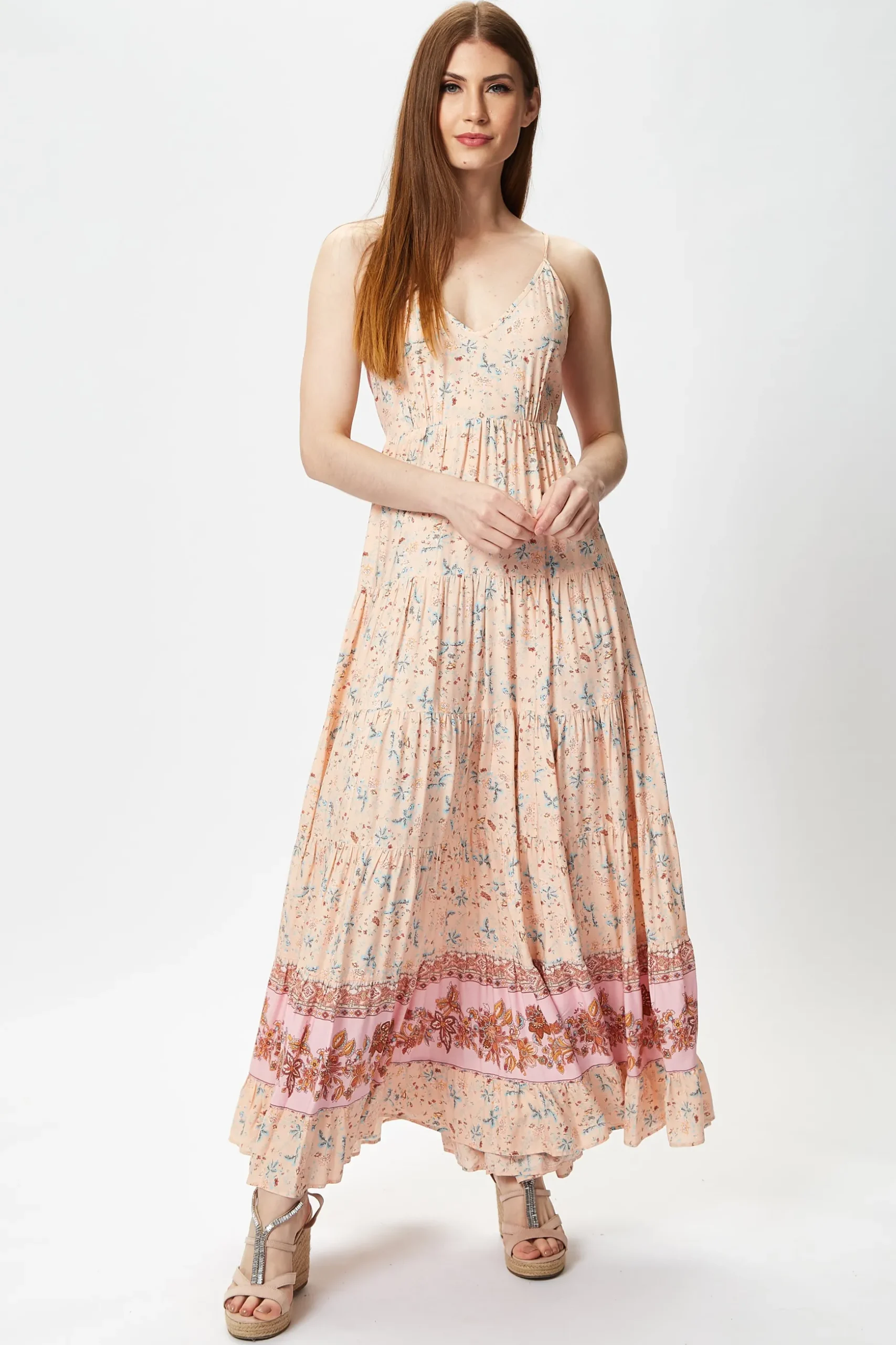 Women's Maxi Dress in Nude Floral Print with Sleeveless Design and Tie Back Detail - Liquorish