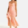 Women’s Maxi Dress in Peach with Cowl Neck, Spaghetti Straps, and Abstract Animal Print