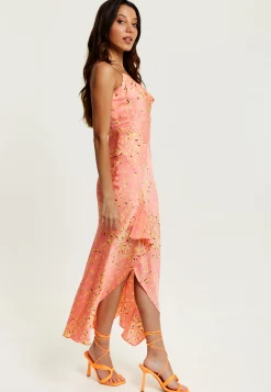 Women’s Maxi Dress in Peach with Cowl Neck, Spaghetti Straps, and Abstract Animal Print