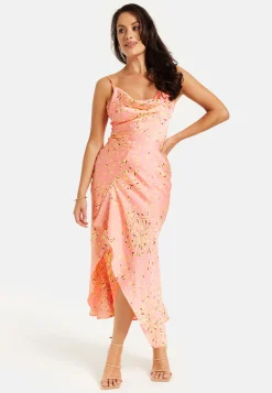 Women’s Maxi Dress in Peach with Cowl Neck, Spaghetti Straps, and Abstract Animal Print