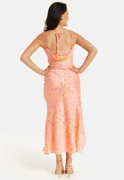 Women’s Maxi Dress in Peach with Cowl Neck, Spaghetti Straps, and Abstract Animal Print