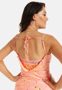 Women’s Maxi Dress in Peach with Cowl Neck, Spaghetti Straps, and Abstract Animal Print