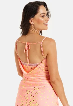 Women’s Maxi Dress in Peach with Cowl Neck, Spaghetti Straps, and Abstract Animal Print