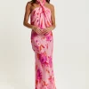 Women's Maxi Dress in Pink with Halter Neck and Open Back Detail - Liquorish