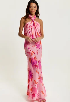 Women's Maxi Dress in Pink with Halter Neck and Open Back Detail - Liquorish