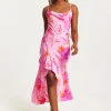 Women's Maxi Dress in Pink with Cowl Neck, Floral Print, Lace Detail, Front Slit, and Regular Fit by Liquorish