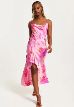 Women's Maxi Dress in Pink with Cowl Neck, Floral Print, Lace Detail, Front Slit, and Regular Fit by Liquorish