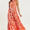 Women's Maxi Dress in Pink and Red Abstract Print, Sleeveless Halter Neck Smock Style, Effortless Elegance by Liquorish